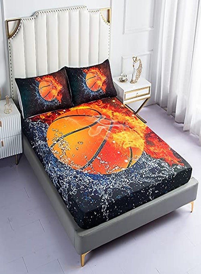Roscloud Sports Basketball Sheets Sets Full Size - 3PC Ice Flame Galaxy Basketball Boys Fitted Sheet（Fitted Sheet*1 Pillowcases*2） - Image 3